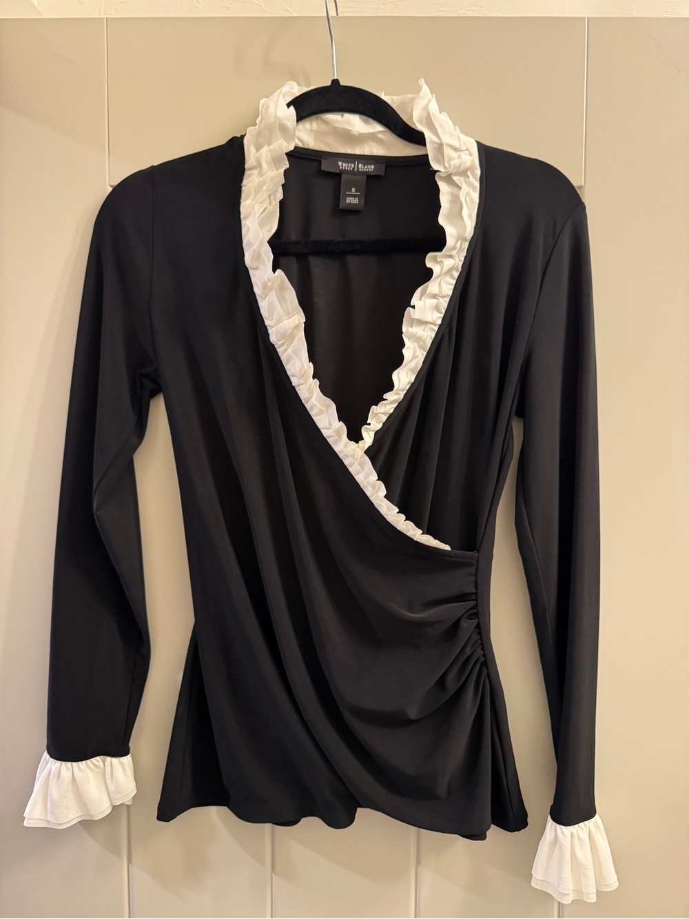 White House Black Market Black Wrap Blouse with White Ruffle Trim
